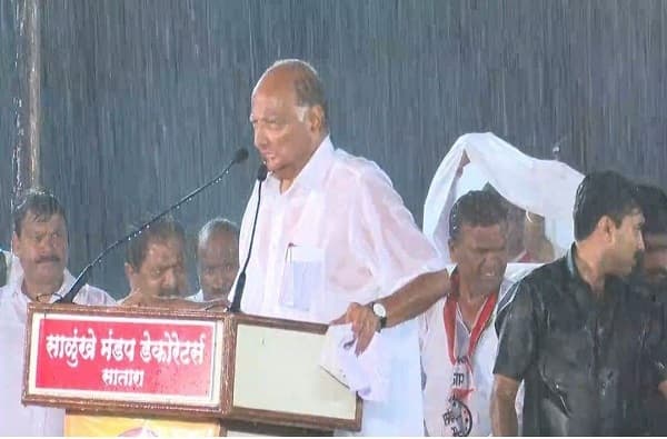 साताऱ्यातील सभेत राष्ट्रवादीचे अध्यक्ष शरद पवार (sharad pawar speech in rain) यांनी भर पावसात भाषण केले. यावेळी अनेक मान्यवर मंचावर उपस्थित होते.