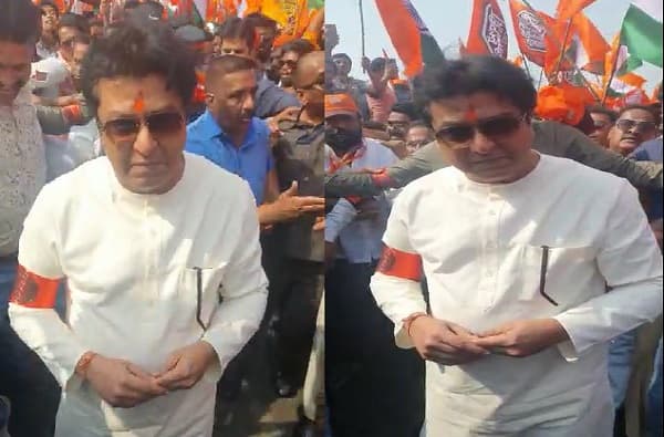 भगवा टिळा, भगवा बॅच, शूजचे लेसही भगवे, राज ठाकरेंचा भगवा लूक