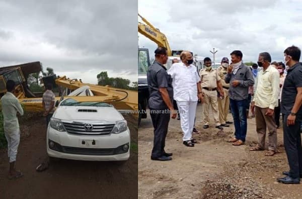फॉर्च्युनरवर पोकलेन कोसळून अपघात, ताफा थांबवून शरद पवारांकडून विचारपूस!