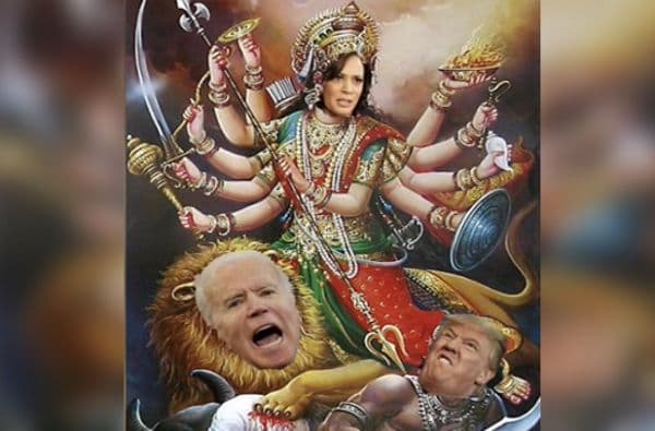 US Election : कमला हॅरिस यांना दुर्गा माता आणि ट्रम्प यांना महिषासुर दाखवणाऱ्या फोटोवरुन वाद