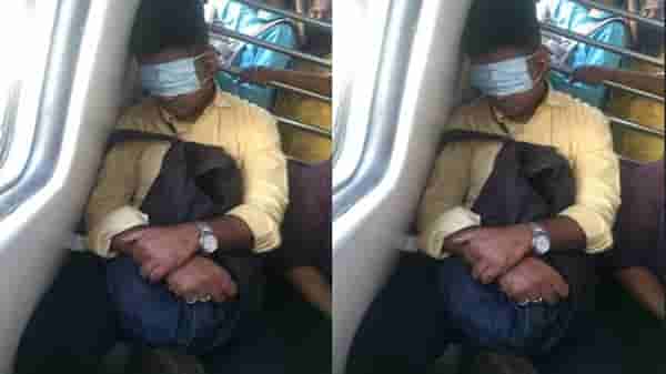 मुंबई लोकलमध्ये पठ्ठ्या मास्क डोळ्यावर लावून झोपला, महाराष्ट्राचे मंत्री म्हणाले, कोरोनाची काय चूक?