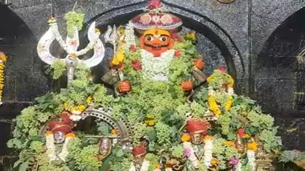 महाराष्ट्राचे कुलदैवत असणाऱ्या जेजुरीतील गडावर खंडेरायाच्या गाभाऱ्याला आकर्षक आणि सुंदर अशी द्राक्षांची आरास करण्यात आली.