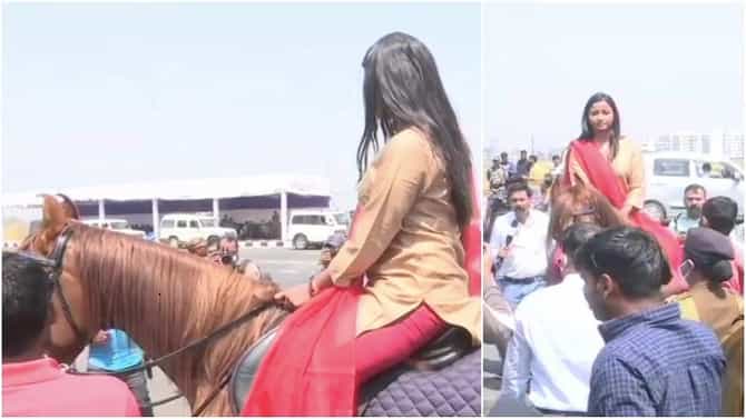 टाच मारुन घोड्याला थेट विधानसभा गाठली, महिला आमदाराची रॉयल एन्ट्री