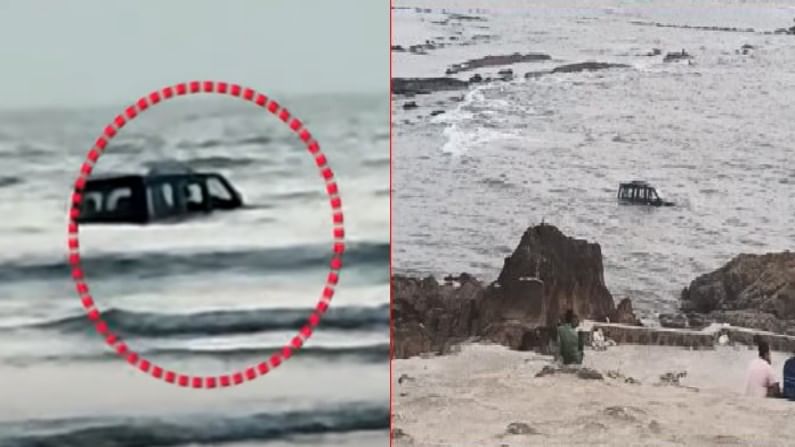 VIDEO: बीचवर गाडी पार्क करण्याची चूक नडली; भरतीनंतर स्कॉर्पिओ भाईंदरच्या समुद्रात