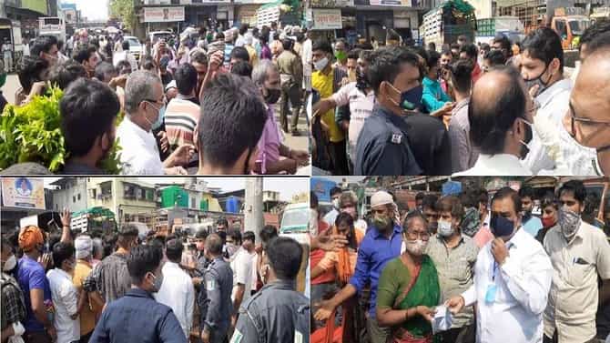 PHOTO : APMC मार्केटमध्ये मोफत मास्क घेण्यासाठी झुंबड, संचालकांनी फोटो काढण्यासाठी मास्क काढला