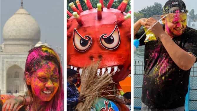 PHOTOS: होळीनिमित्त मुंबईत कोरोना दहन, ताजमहालही रंगला, देशभरातील उत्सवाचे क्षण