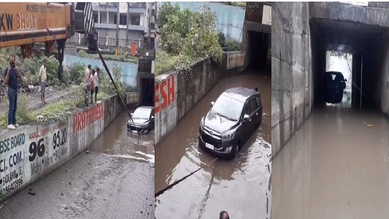 VIDEO : सब वेमध्ये पाणी तुंबलं, गाडी अडकली, क्रेनने बाहेर काढली