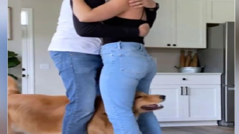 Video | इकडे पतीने पत्नीला मिठीत घेतलं, तिकडे कुत्रा रुसला, पाहा व्हायरल व्हिडीओ