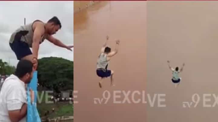 VIDEO : पुराच्या पाण्यात पुलावरुन उडी, सांगलीत तरुणाची थरारक स्टंटबाजी VIDEO : पुराच्या पाण्यात पुलावरुन उडी, सांगलीत तरुणाची थरारक स्टंटबाजी