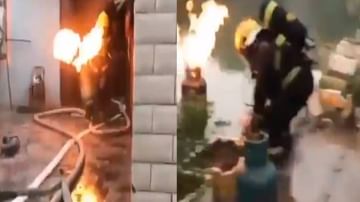 Video | पेटलेला गॅस सिलिंडर घेऊन नदीकडे धाव, आग विझविण्यासाठी दाखवलेली हिम्मत एकदा पाहाच