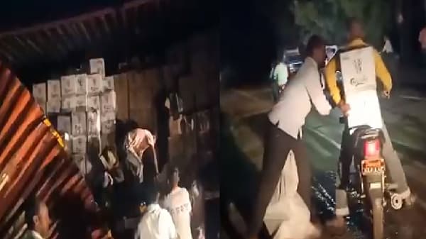Video | बिअरची वाहतूक करणाऱ्या कंटेनरचा औरंगाबादेत अपघात, लुटीसाठी लोकांची गर्दी