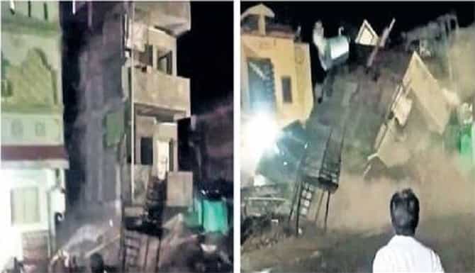 तीन मजली इमारत बघता बघता कोसळली; जळगावमधल्या पाचोऱ्यातली घटना, बघ्यांची तोबा गर्दी