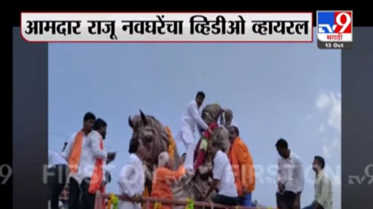 Video : आमदार राजू नवघरे वादात, घोड्यावर चढून शिवरायांच्या पुतळ्याला हार घातला!