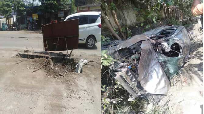 कल्याण शीळ रस्त्याच्या अर्धवट कामामुळे कारचा भीषण अपघात, चालक गंभीर जखमी, गाडीचा चुराडा