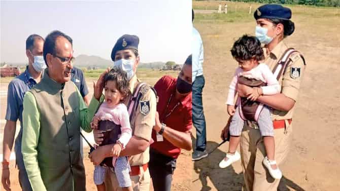 हे फक्त बाई आणि आईच करु शकते, लेकराला पोटाला बांधून DSP मुख्यमंत्र्यांच्या ड्युटीवर!