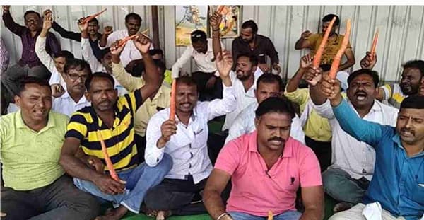 हिंगोलीत एसटी कर्मचाऱ्यांची गाजर दाखवून निदर्शनं, परिवहनमंत्र्यांना पदावरून हटवण्याची मागणी