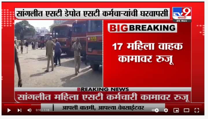St sangli : सांगलीतल्या महिला एसटी कर्मचारी कामावर रूजू, हळूहळू परिस्थिती पूर्वपदावर येण्याची शक्यता St sangli : सांगलीतल्या महिला एसटी कर्मचारी कामावर रूजू, हळूहळू परिस्थिती पूर्वपदावर येण्याची शक्यता