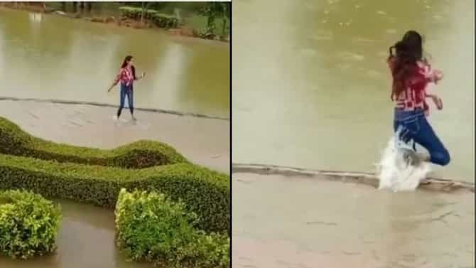Video : तरुणी पाण्यात करत होती मस्ती, पुढच्याच क्षणी असं काही घडलं की...