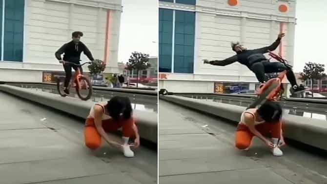 Viral : कारंज्याच्या रेलिंगवर सायकलिंग स्टंट करताना समोर आली मुलगी आणि...