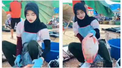 Viral Video : मासे विकताना दिसली सुंदर मुलगी, यूझर्स म्हणतायत विश्वास नाही बसत!