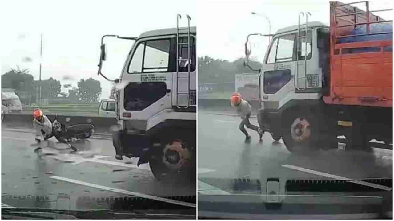 Shocking Video : काळ आला होता, पण... पाहा, ट्रकच्या चाकाखाली जाता जाता कसा वाचला युवक
