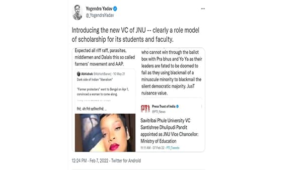 देशातील प्रमुख केंद्रीय विद्यापीठ जवाहलाल नेहरु विद्यापीठाच्या (JNU) कुलगुरु पदी प्रा. शांतीश्री धुलीपुडी पंडित (Santishree Dhulipudi Pandit) यांची नियुक्ती करण्यात आली आहे. स्वराज अभियानाचे प्रवर्तक योगेंद्र यादव यांनी शांतीश्री धुलीपुडी पंडित यांची काही ट्विट शेअर केली आहेत. त्यामध्ये शांतीश्री धुलीपुडी पंडित यांनी शेतकरी आंदोलन, विरोधक आणि रिहाणा हिच्याबद्दल केलेल्या ट्विटचा समावेश आहे.