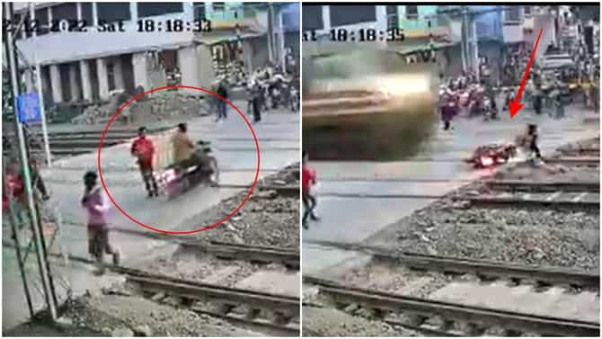Video : काळ आला होता, पण.., काही मिनिटं वाचवणं रेल्वे रूळ ओलांडणाऱ्या दुचाकीस्वाराला पडलं महागात