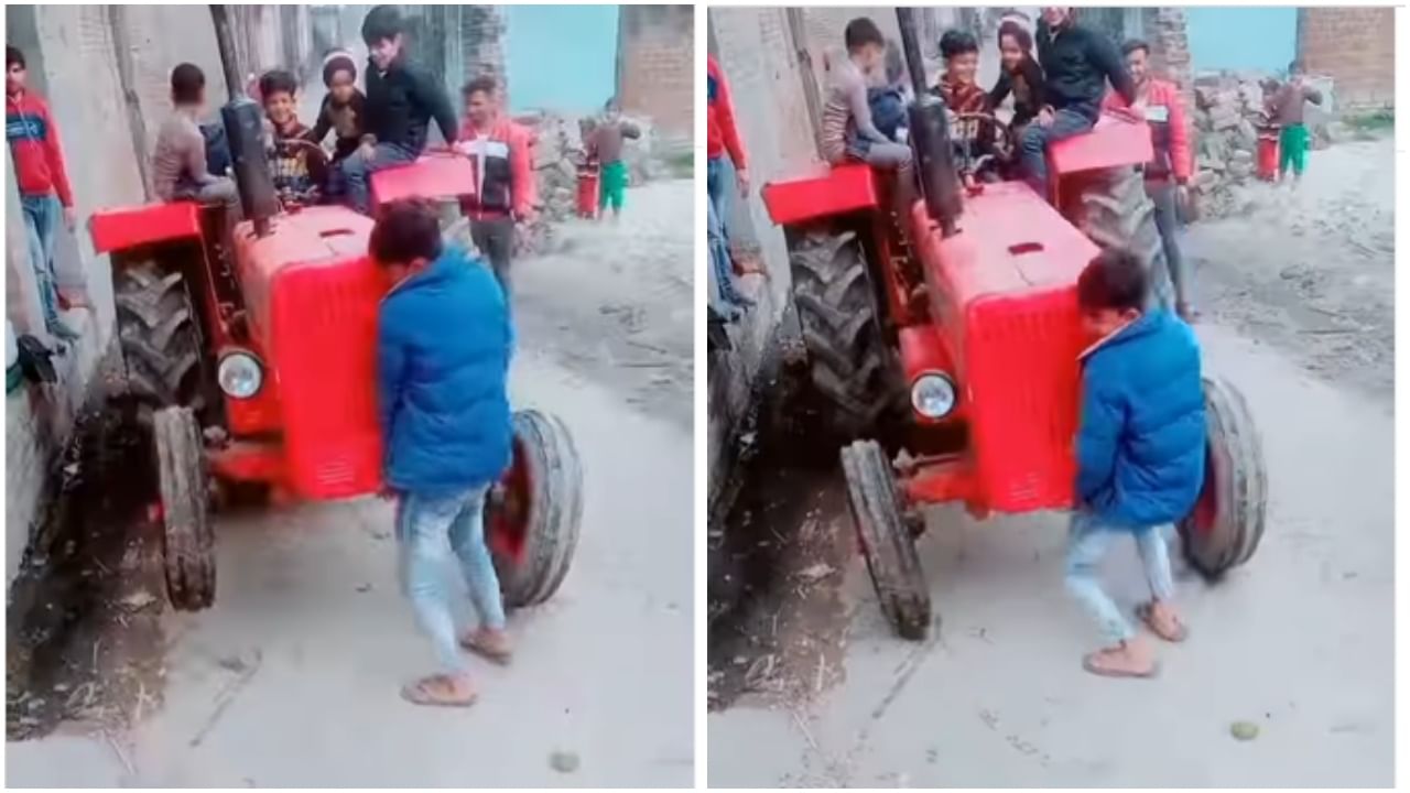 दोन हातांनी Tractor उचलतोय हा मुलगा, खरं नाही वाटत! Viral video पाहा आणि तुम्हीच ठरवा