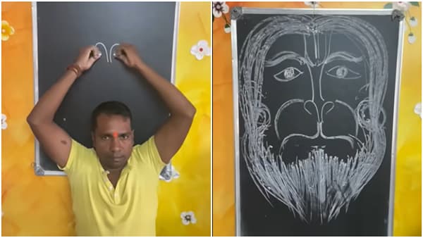 फळ्याकडे न पाहता कलाकारानं साकारलं हनुमानाचं चित्र! पाहा Viral video