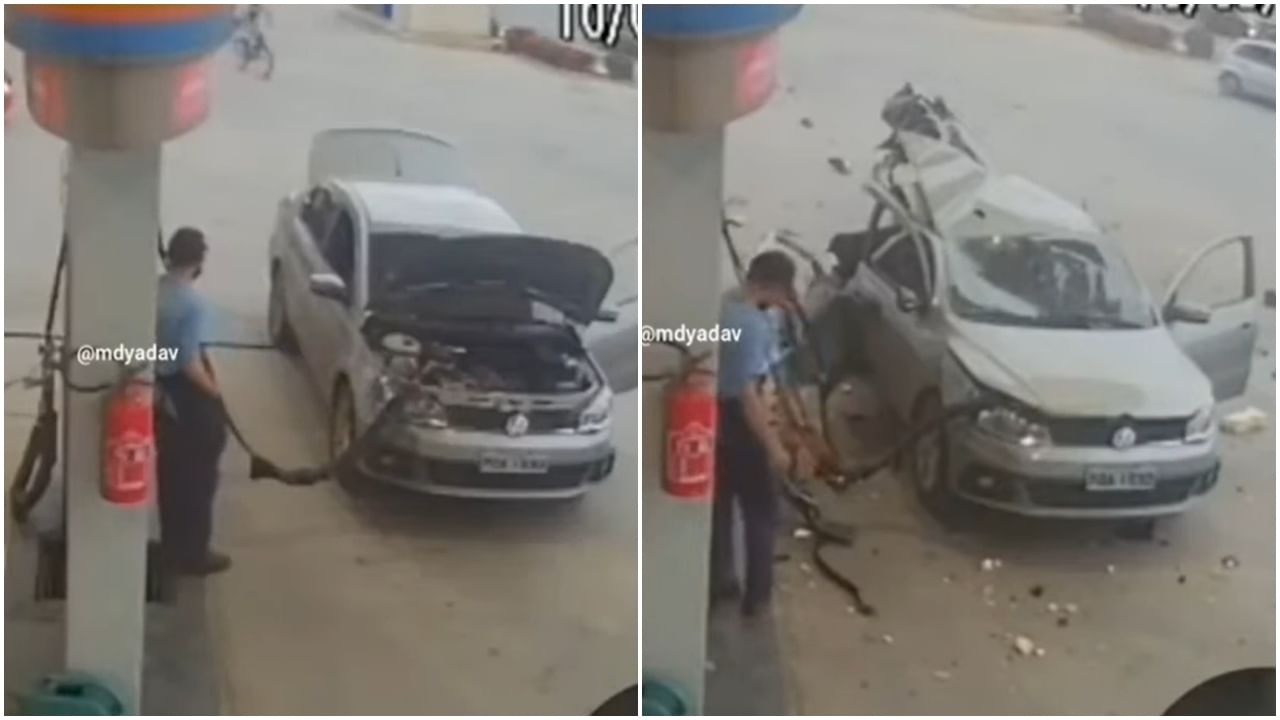 ...अन् अचानक कारमध्ये झाला स्फोट; CNG पंपावरचा धक्कादायक Video viral, कारचा खुळखुळा