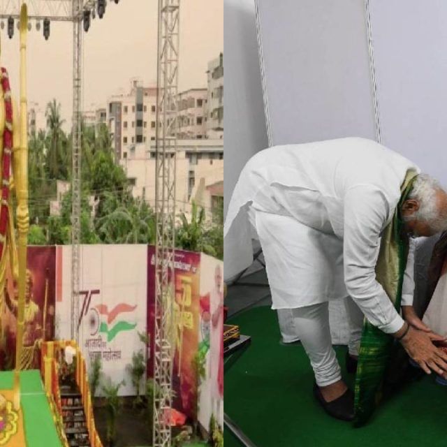 PM Narendra Modi : क्रांतिकारक अल्लुरी सीताराम राजू  यांच्या पुतळयाचे पंतप्रधान नरेंद्र मोदींनी केले अनावरण ;   90 वर्षांची कन्या पासला कृष्णभारतींच्याही  पडले पाया