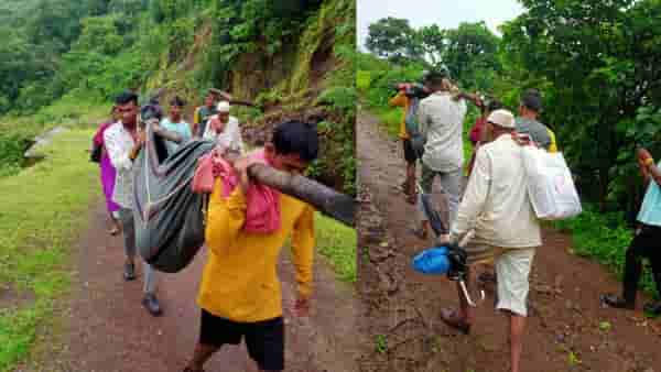 Nashik | चक्क गरोदर महिलेला रस्ता नसल्याने दवाखान्यात झोळी करून नेले, नाशिकच्या हातपाडा येथे घटना, व्हिडीओ सोशल मीडियावर व्हायरल...