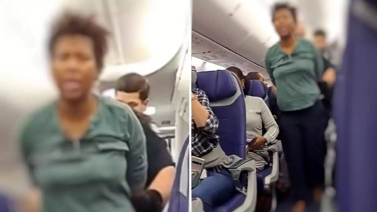 woman tries opening flight door