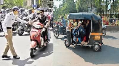 एकीकडे हेल्मेट सक्तीची कारवाई, दुसरीकडे वाहतुक पोलीसांच्या नाक्कावर टिच्चून कोंबून विद्यार्थ्यांची वाहतुक