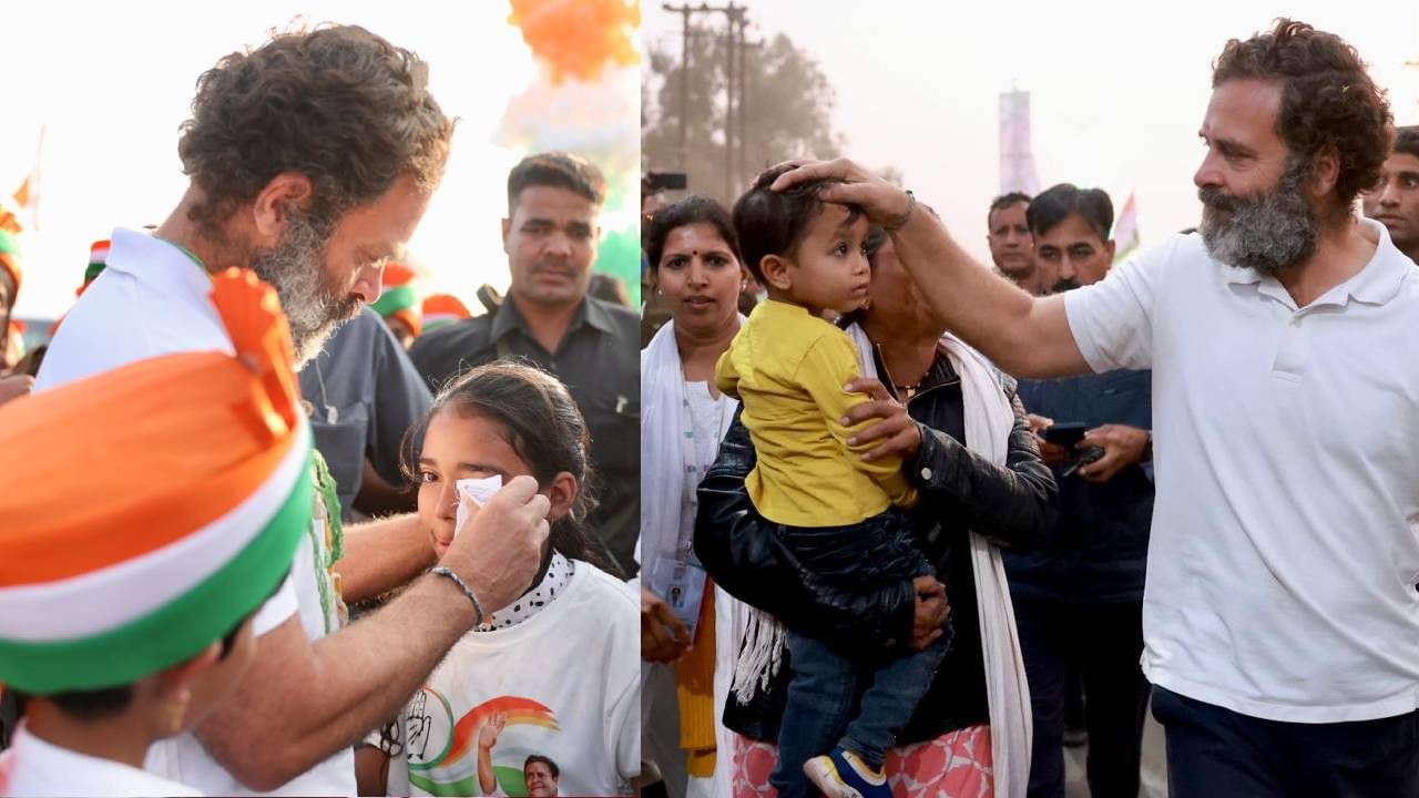 हे दोन फोटो सोशल मीडियावर चर्चेत आहेत. राहुल गांधी लहान मुलीचे डोळे पुसताना हा फोटो टिपण्यात आलाय. तर एका चिमुरड्याच्या डोक्यावर हात ठेवलेला फोटो अनेकांनी लाईक केलाय. 