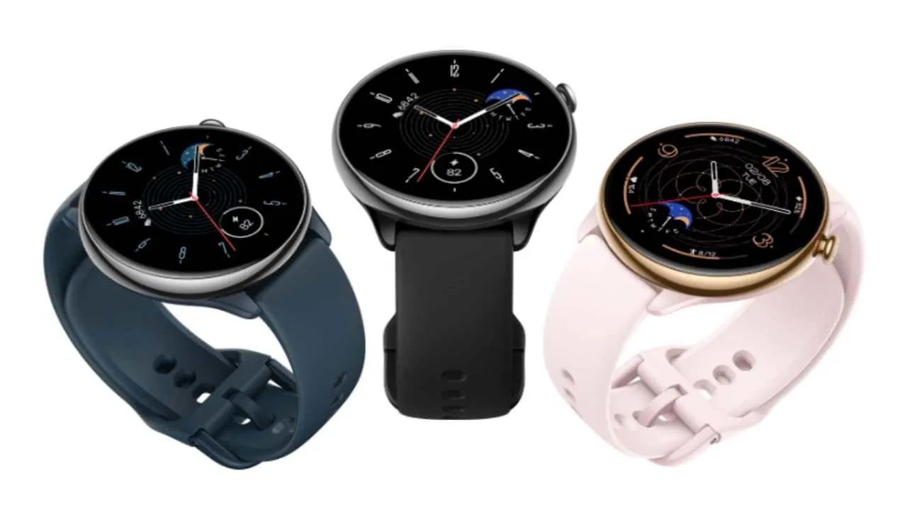 Amazfit GTR Mini runs Zepp OS 2.0.  The smartwatch supports 5 satellite positioning systems.  Comes with heart rate and SPO2 sensors.  It is available in three color options.  Colors include Midnight Black, Misty Pink and Ocean Blue.  (Photo: Amazfit)