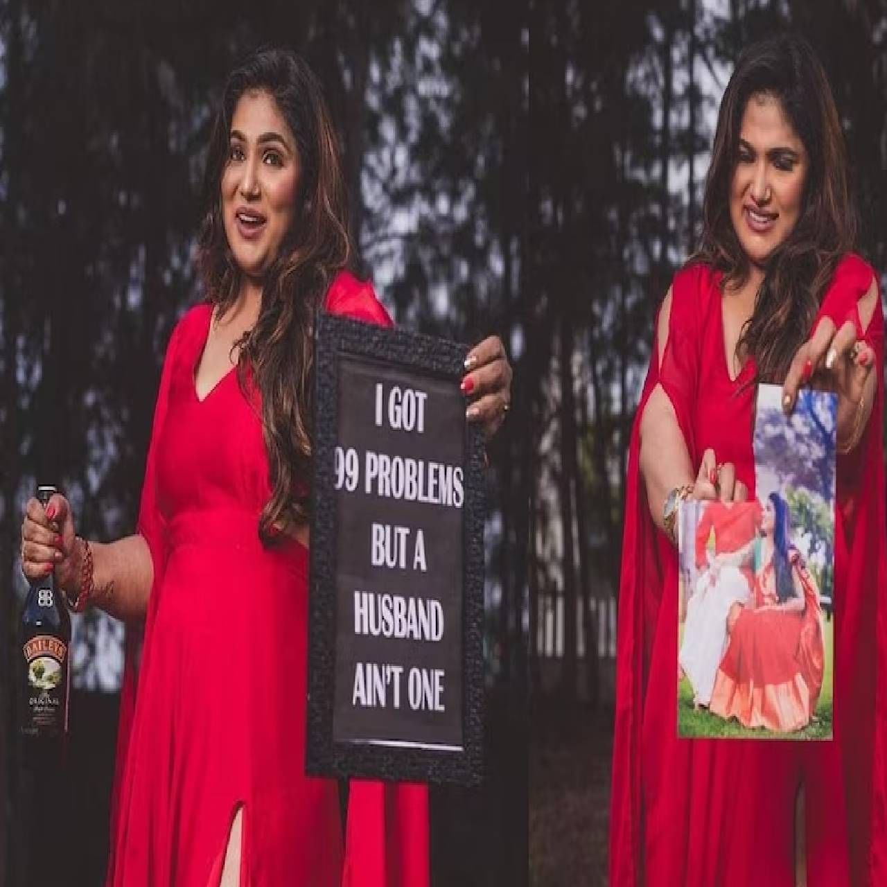 The photos of this woman's divorce photo shoot are going viral on social media.  The woman is seen celebrating on social media with a bottle of liquor in her hand.