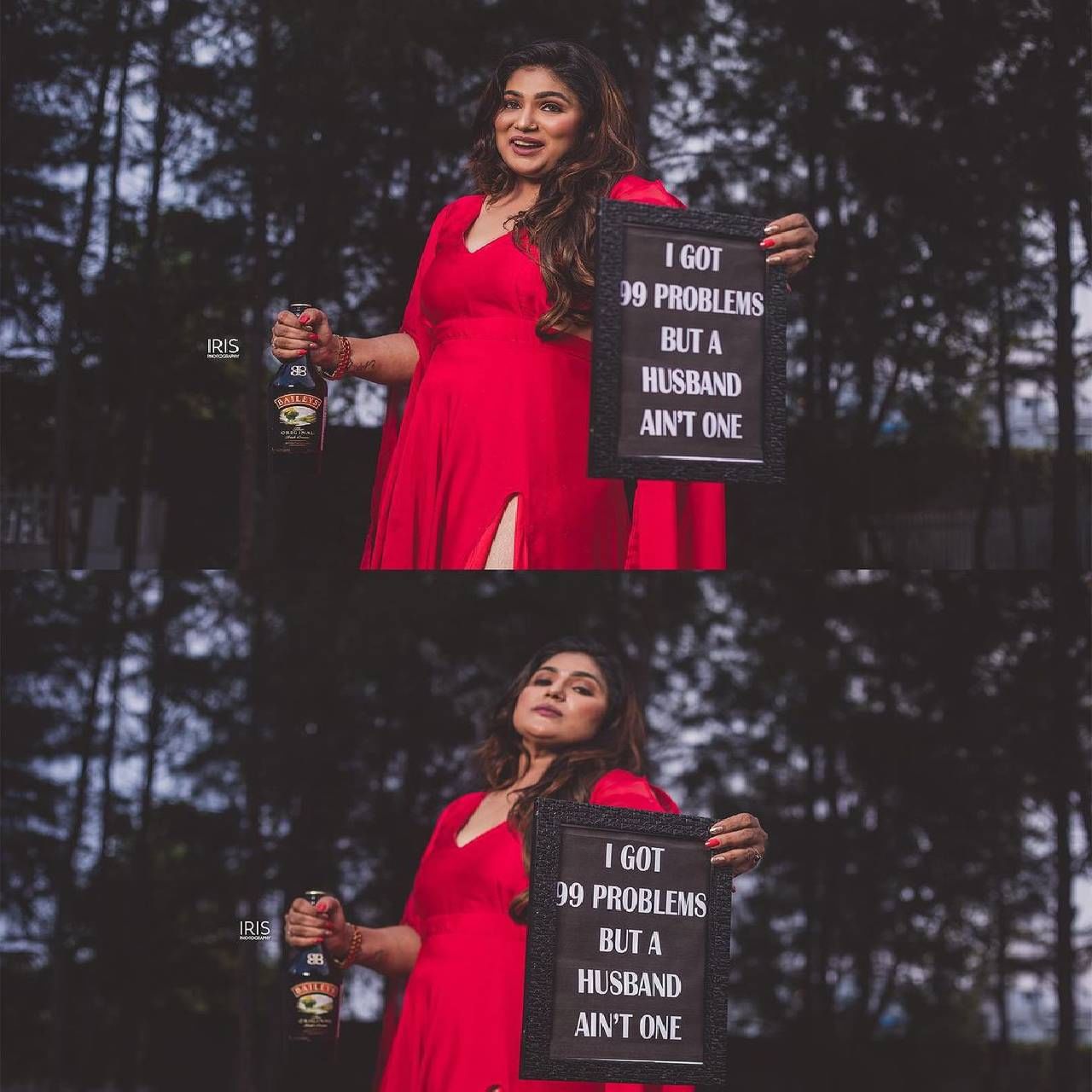 In this photograph, the woman is celebrating her divorce with a bottle of liquor in her hand.  She also has a poster in her other hand, which says in English that I have 99 problems, but no husband.
