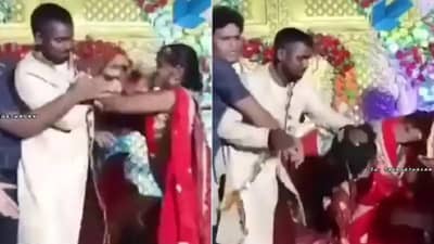 VIDEO | लग्न मंडपात पैपाहुण्यांच्या पुढं नवरा-नवरीची एकमेकांना मारहाण, नातेवाईकांनी घेतली बघ्याची भूमिका