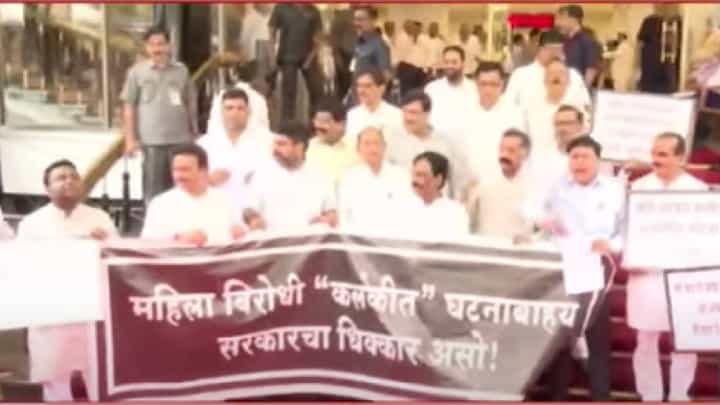 अधिवेशनाच्या कामकाजापूर्वी विरोधक आक्रमक; विधानभवनाच्या पायऱ्यांवर केले आंदोलन अधिवेशनाच्या कामकाजापूर्वी विरोधक आक्रमक; विधानभवनाच्या पायऱ्यांवर केले आंदोलन