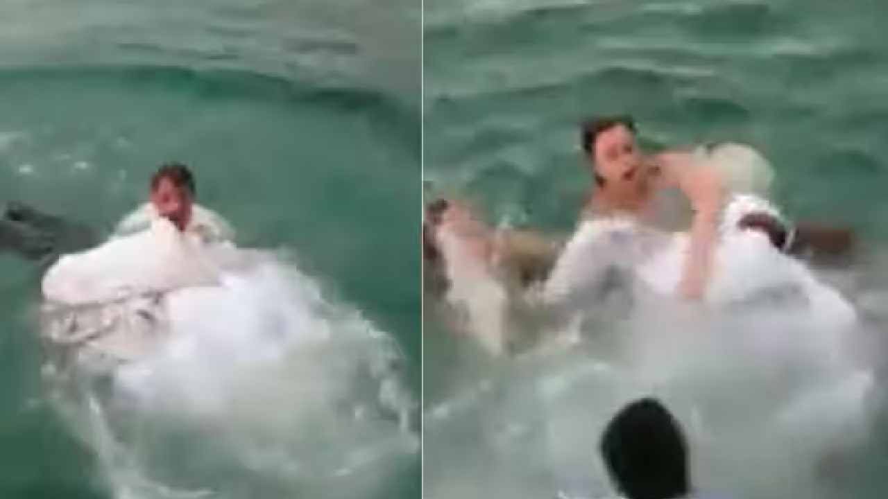 VIDEO | नदीत प्री-वेडिंग शूट करण अंगलट आलं, वधूने पाण्यात उडी मारली आणि फक्त कपडे पाण्यात तरंगू लागले