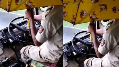 एसटी चालकाच्या एका हातात छत्री, दुसऱ्या हातात स्टेअरिंग, प्रवाशांचा जीव टांगणीला