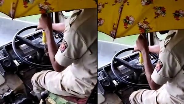 एसटी चालकाच्या एका हातात छत्री, दुसऱ्या हातात स्टेअरिंग, प्रवाशांचा जीव टांगणीला