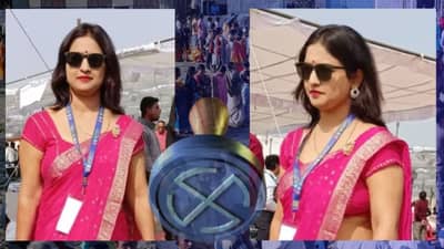 Assembly Election 2023 : गुलाबी साडी, काळा चष्मा, मतदान कर्मचार्याचा हटके अंदाज, लोक म्हणाले... वाह क्या बात है