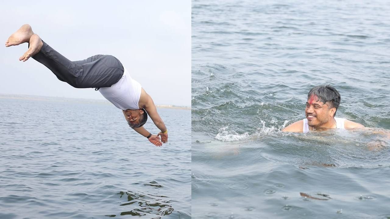 रोहित पवार यांनी परभणीच्या येलदरी धरणात सूर मारला. तसंच पोहण्याचा मनसोक्त आनंद घेतला. त्याचा हा फोटो...