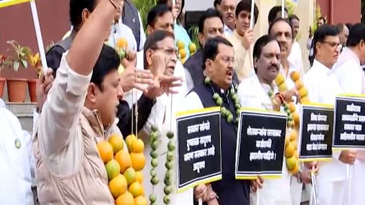 गळ्यात संत्र्यांची माळ अन् एकच निषेध; बळीराजाच्या प्रश्नावरून विरोधक सरकारवर आक्रमक गळ्यात संत्र्यांची माळ अन् एकच निषेध; बळीराजाच्या प्रश्नावरून विरोधक सरकारवर आक्रमक