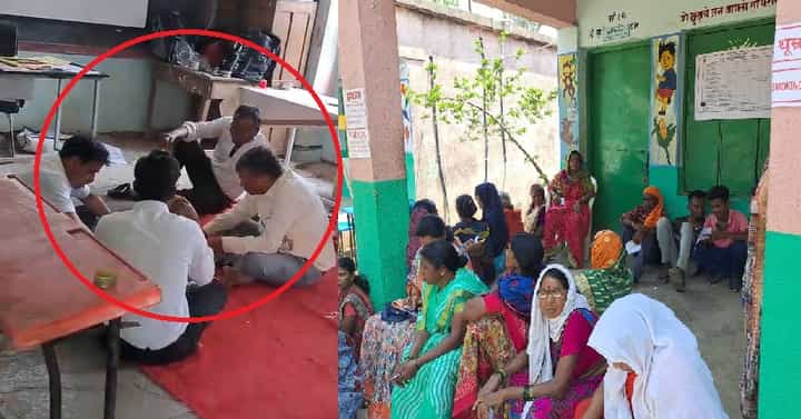 बूथवर मतदारांच्या रांगा अन् मतदान बंद ठेऊन कर्मचारी करतायत जेवण, बघा व्हिडीओ बूथवर मतदारांच्या रांगा अन् मतदान बंद ठेऊन कर्मचारी करतायत जेवण, बघा व्हिडीओ