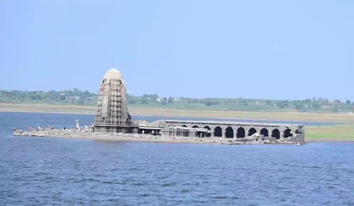 दुष्काळामुळे उजनी धरणातलं हजारो वर्षापूर्वीचं पळसनाथाचं मंदिर पूर्णपणे दिसू लागलंय.