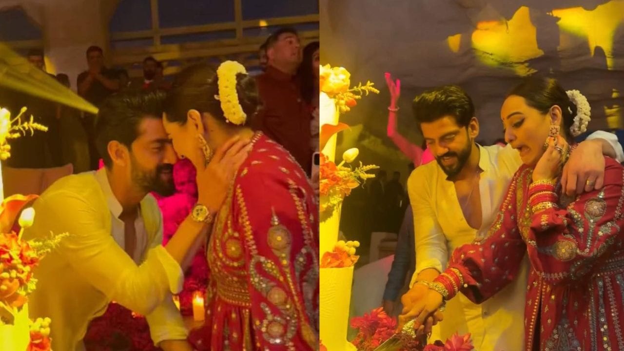 Sonakshi Zaheer Wedding : 'तेरे मस्त मस्त दो नैन...गाण्यावर थिरकले सोनाक्षी-जहीर, केक कापून धमाल सेलीब्रेशन Sonakshi Zaheer Wedding : 'तेरे मस्त मस्त दो नैन...गाण्यावर थिरकले सोनाक्षी-जहीर, केक कापून धमाल सेलीब्रेशन