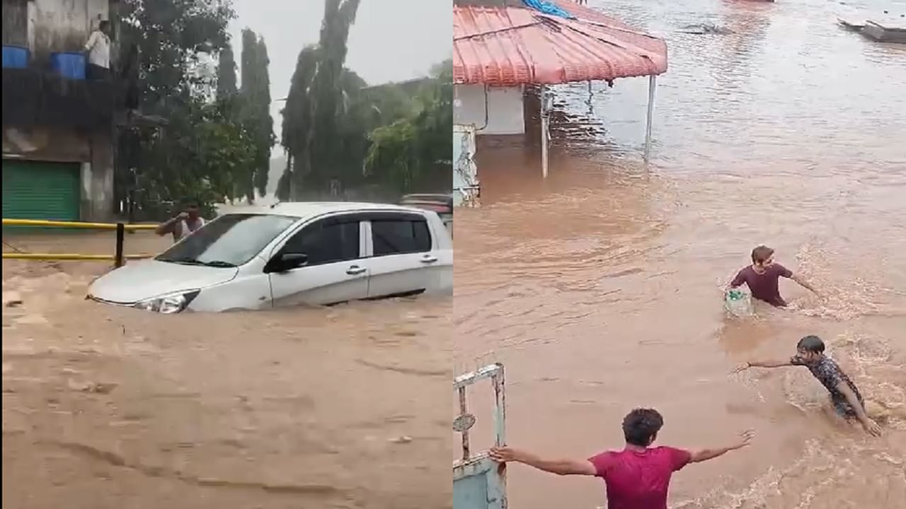 पनवेलच्या पडघे गावाला पुराचा वेढा, वाहनं गेली वाहून तर गुडघ्याभर पाण्यातून नागरिकांची कसरत